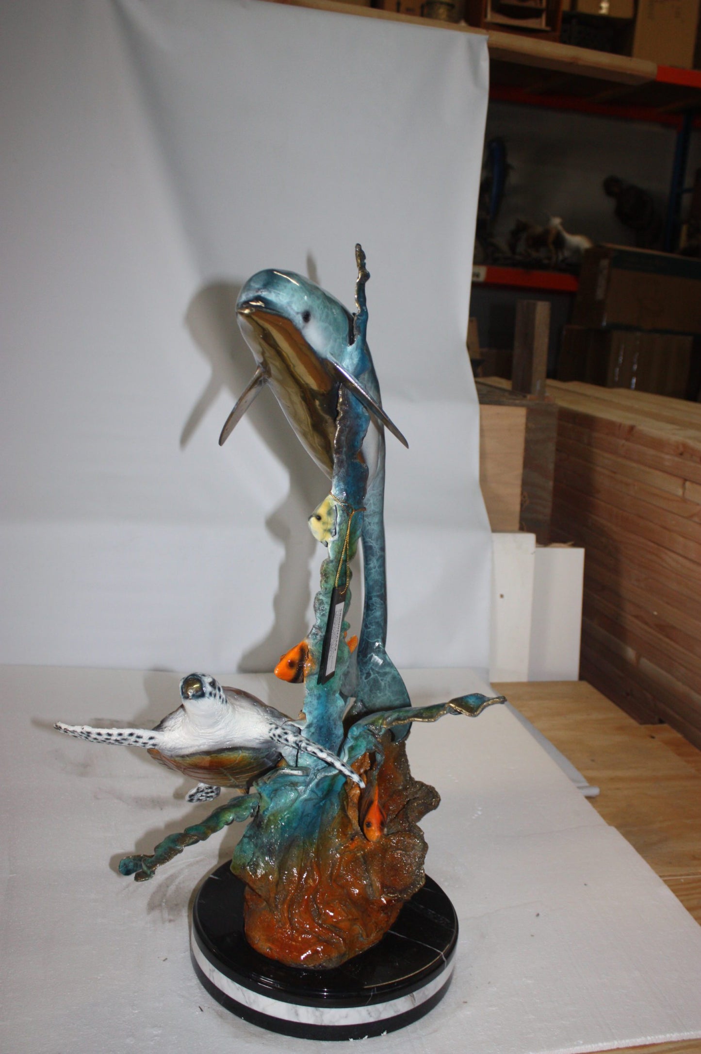 Dolphin with two fish and one turtle Statue - Size: 22"L x 12"W x 32"H.