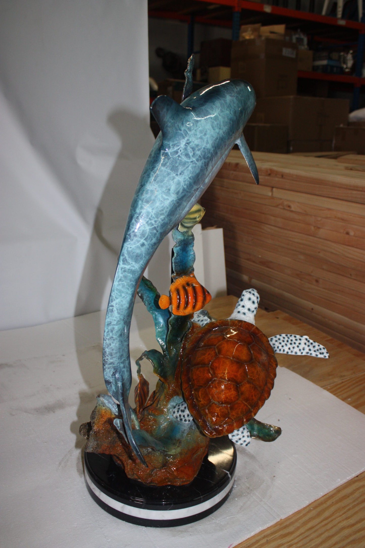 Dolphin with two fish and one turtle Statue - Size: 22"L x 12"W x 32"H.