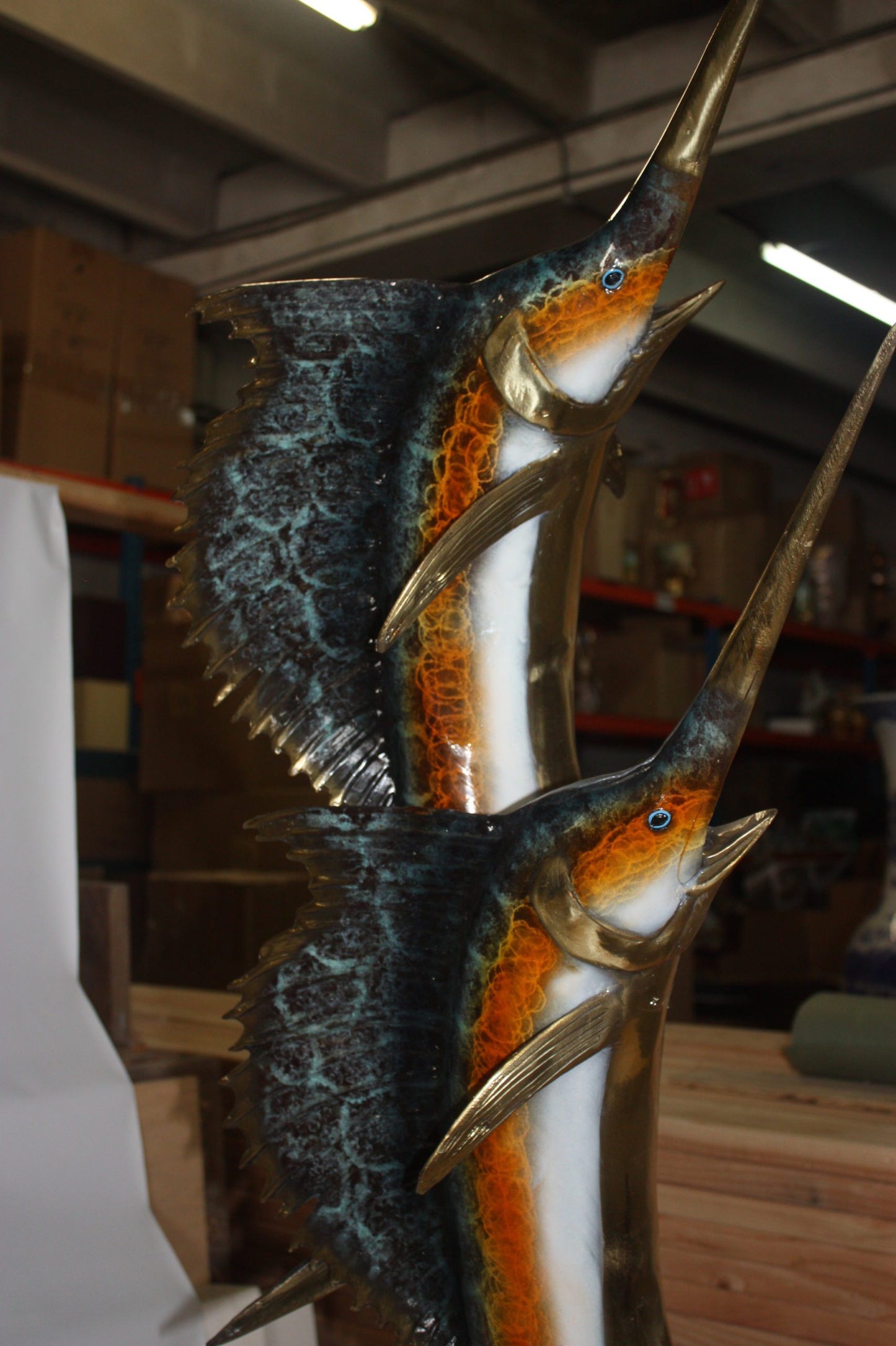 Two Sail fish Bronze Statue on a marble base - Size: 17"L x 17"W x 56"H.