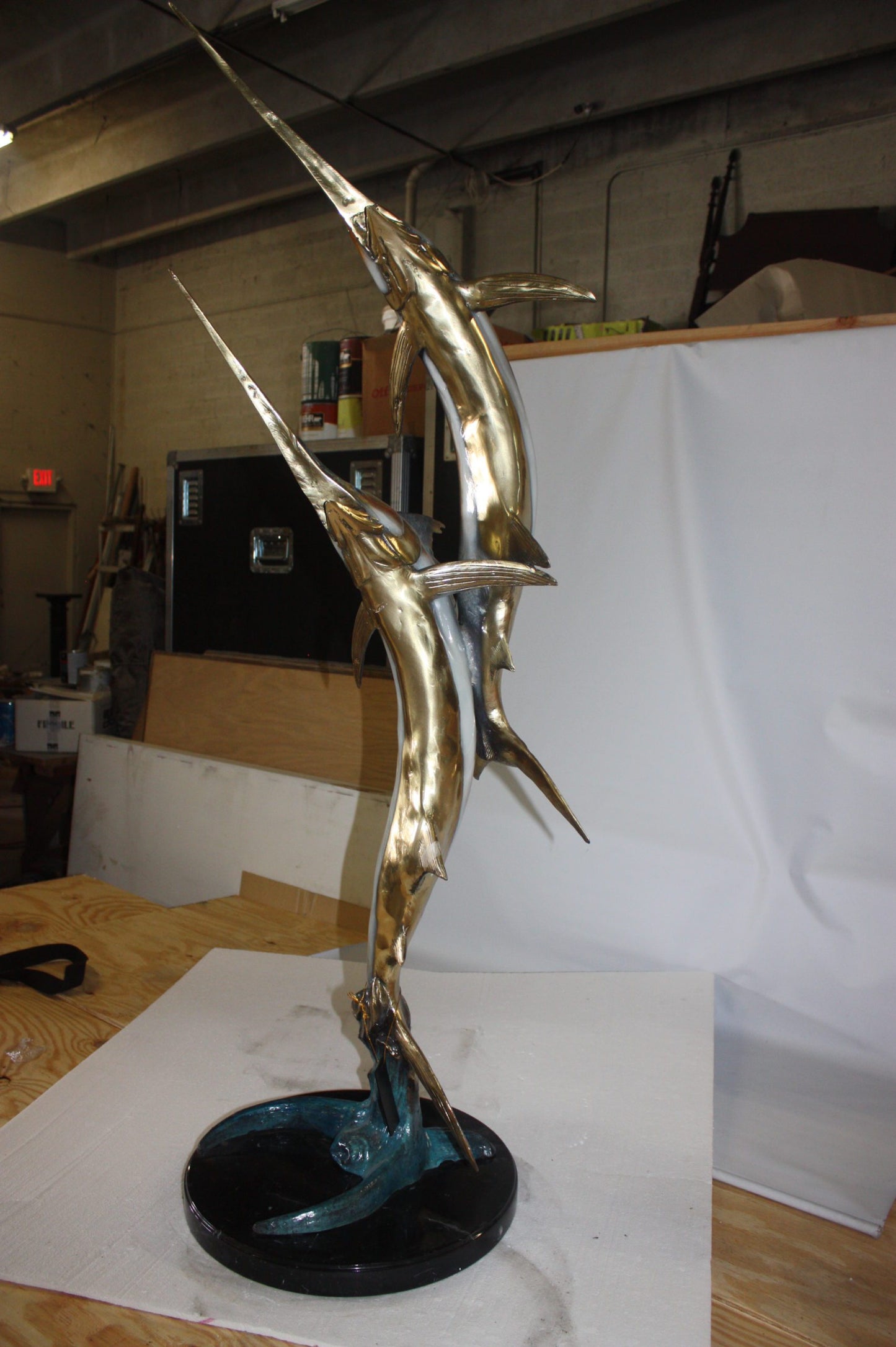 Two Sail fish Bronze Statue on a marble base - Size: 17"L x 17"W x 56"H.