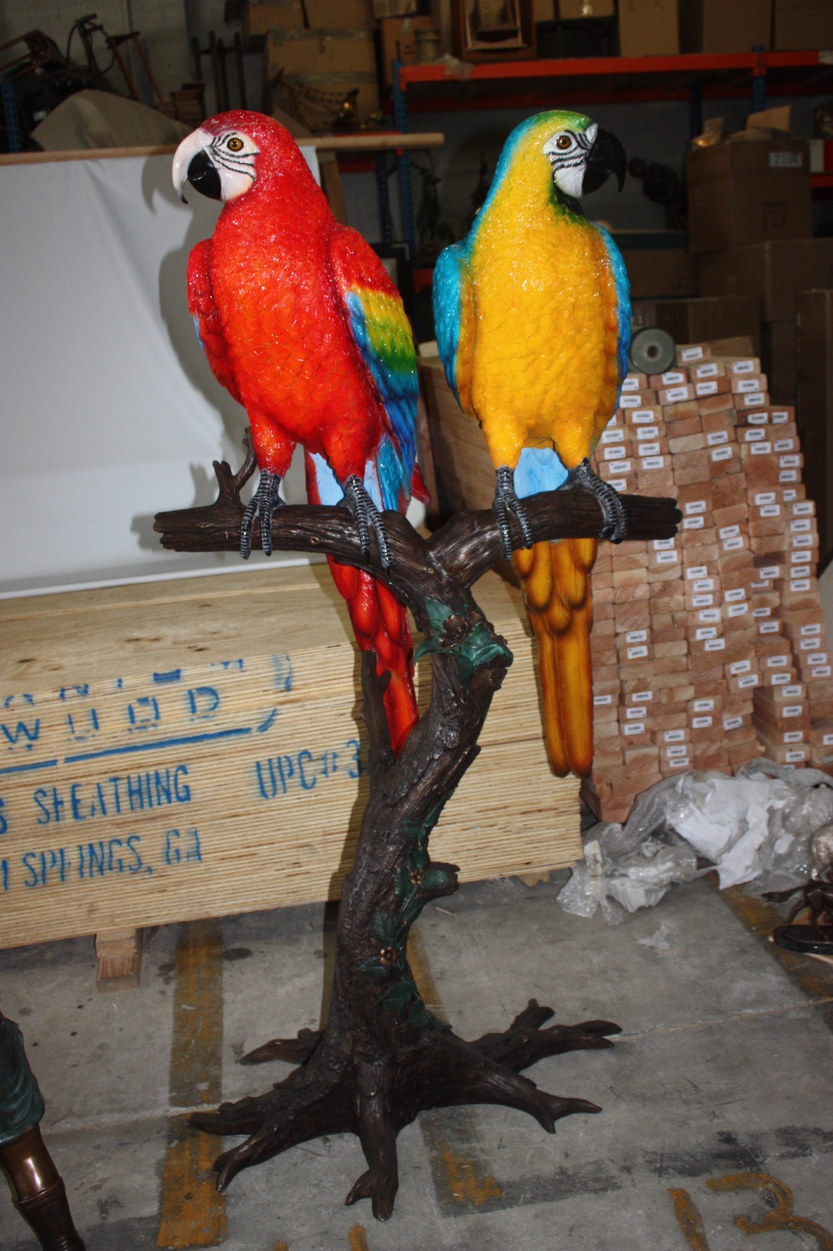 Two Large Parrots on a tree - Bronze Statue -  Size: 43"L x 28"W x 67"H.