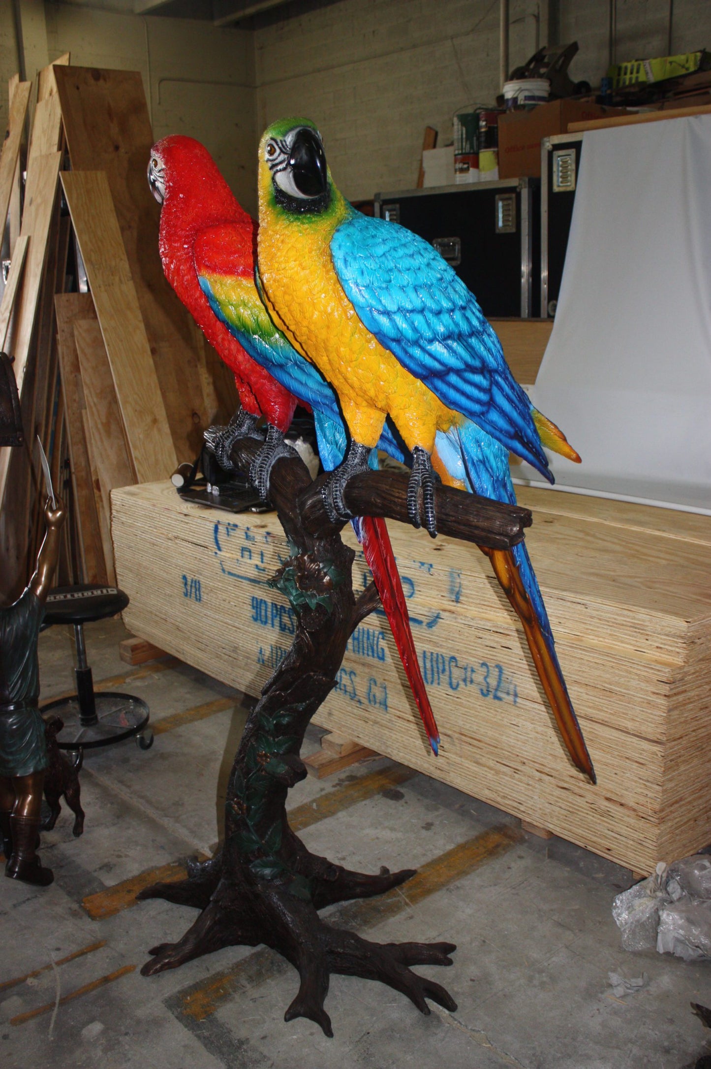 Two Large Parrots on a tree - Bronze Statue - Size: 43"L x 28"W x 67"H.