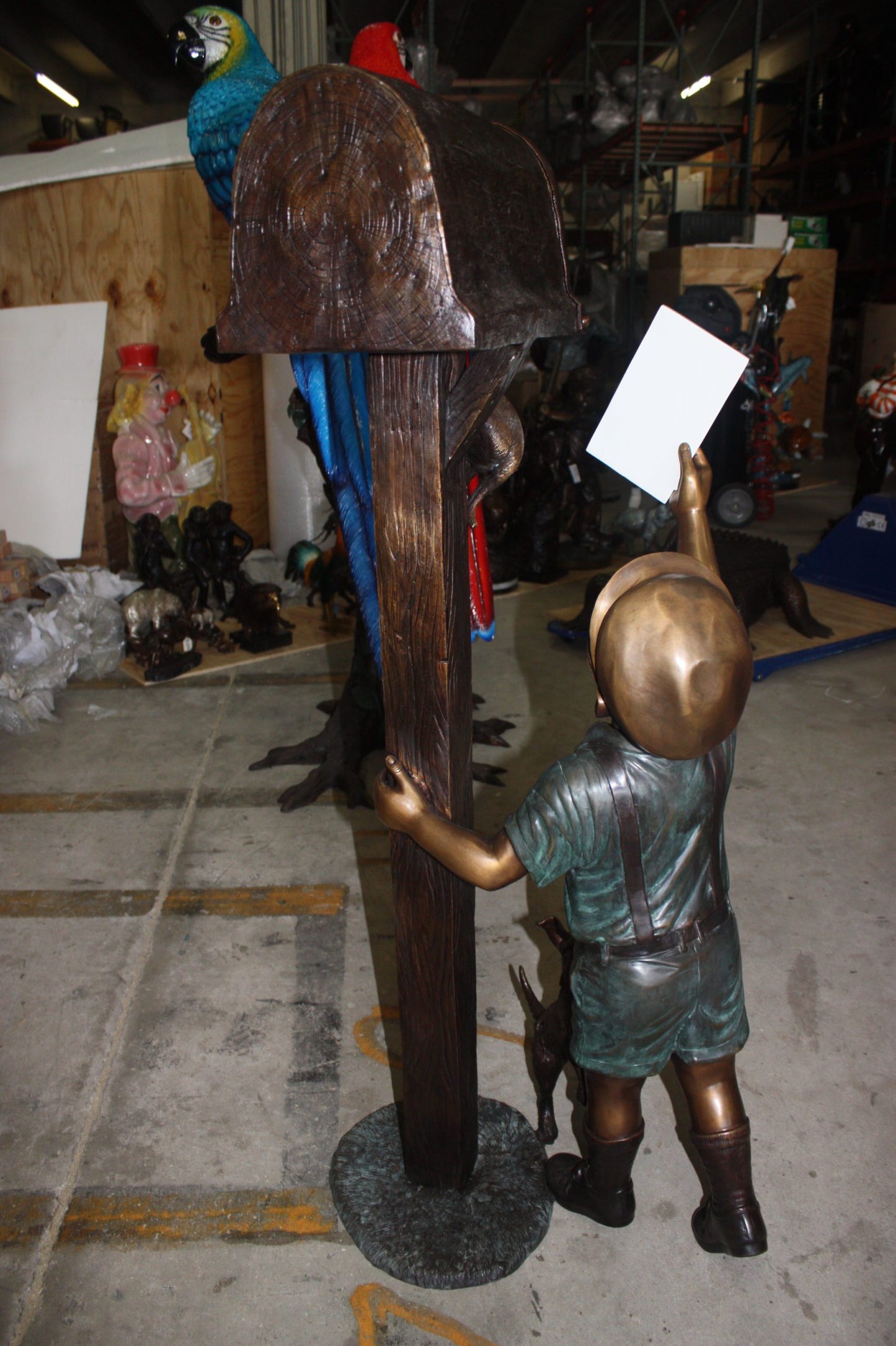 Standing mailbox W boy dog and cat - Bronze Statue - Size: 22"L x 18"W x 50"H.