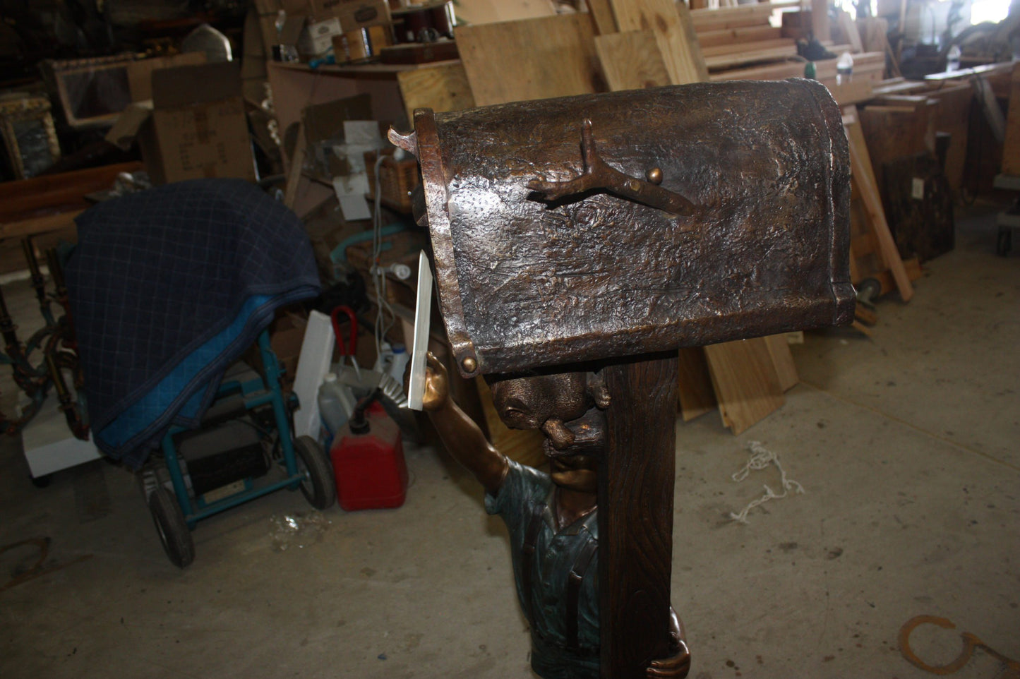 Standing mailbox W boy dog and cat - Bronze Statue - Size: 22"L x 18"W x 50"H.