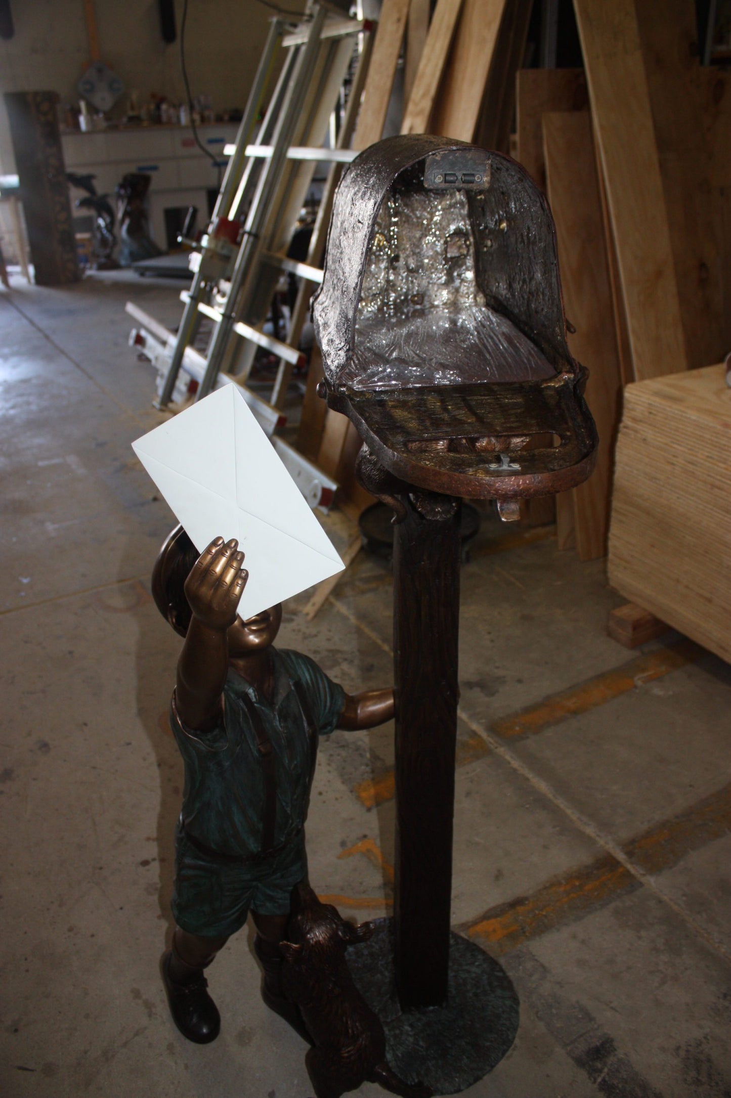 Standing mailbox W boy dog and cat - Bronze Statue - Size: 22"L x 18"W x 50"H.