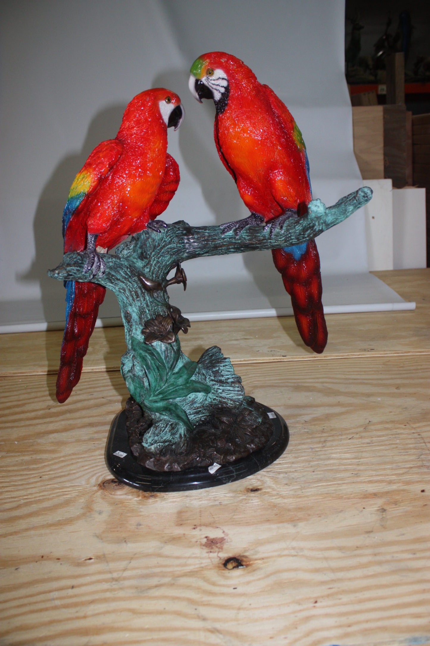 Two Parrots on a tree - Bronze Statue - Size: 20"L x 12"W x 23"H.