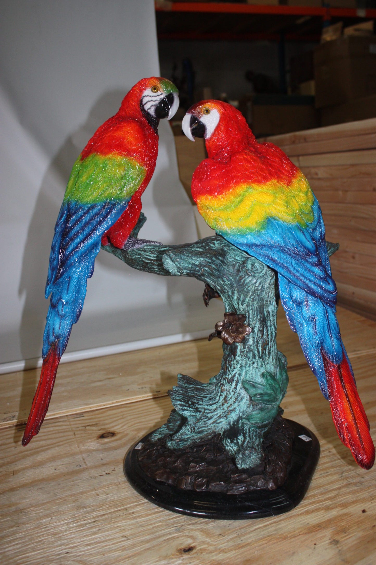 Two Parrots on a tree - Bronze Statue - Size: 20"L x 12"W x 23"H.
