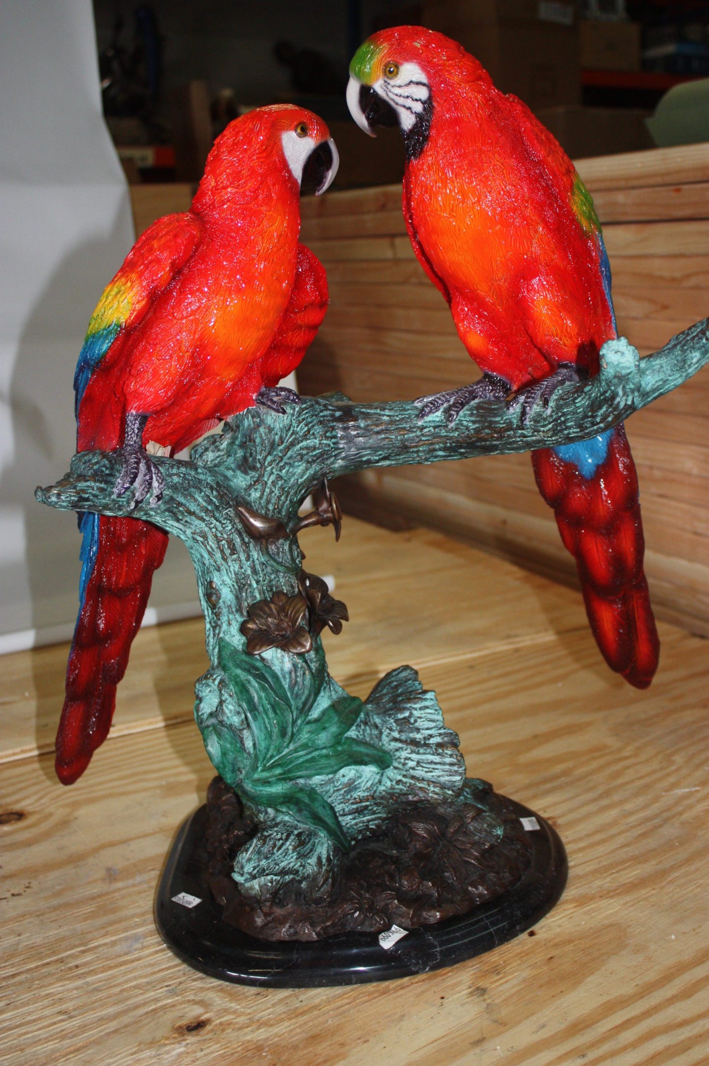 Two Parrots on a tree - Bronze Statue - Size: 20"L x 12"W x 23"H.