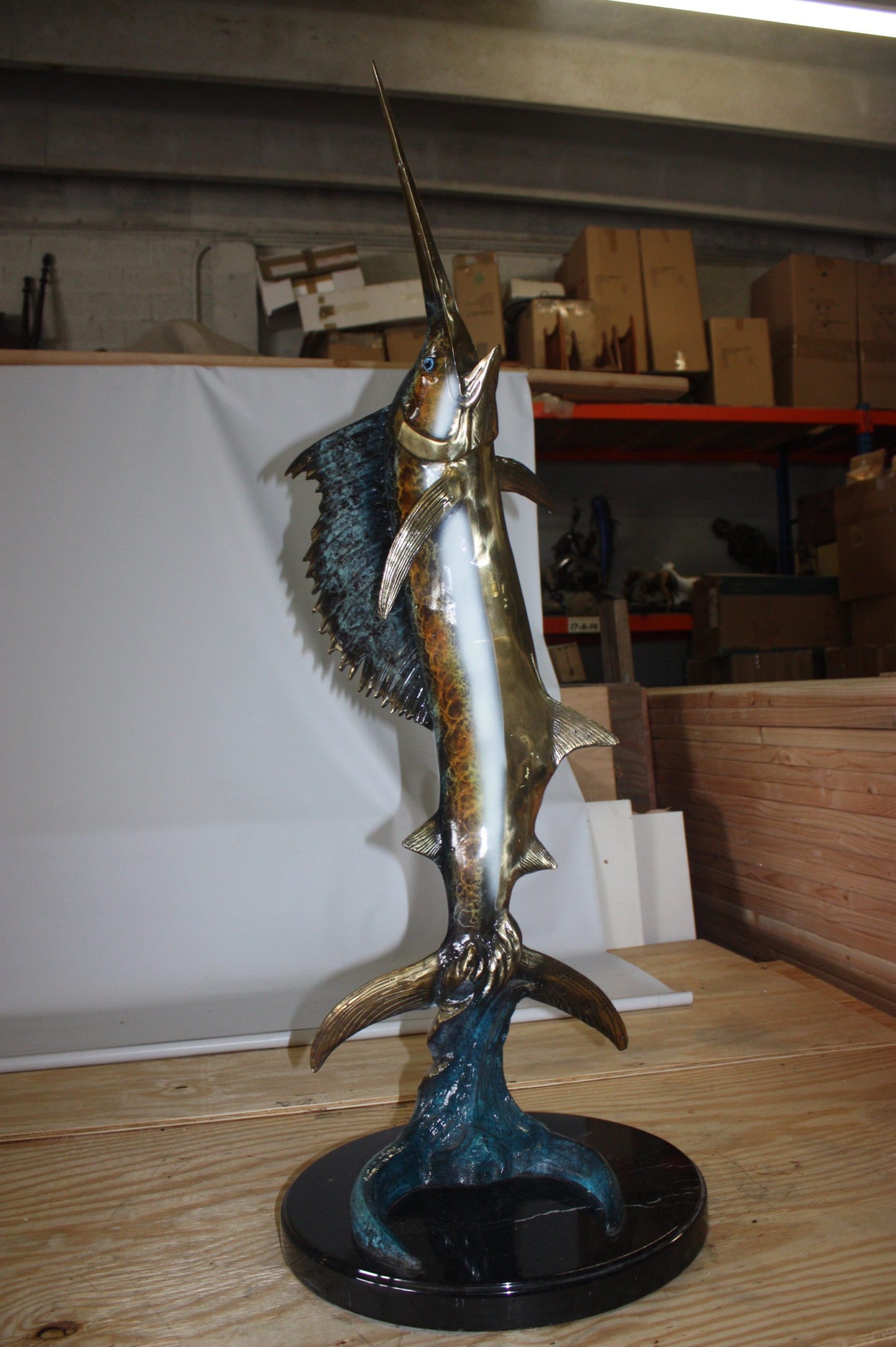 One sailfish on a marble - Bronze Statue - Size: 17"L x 17"W x 46"H.