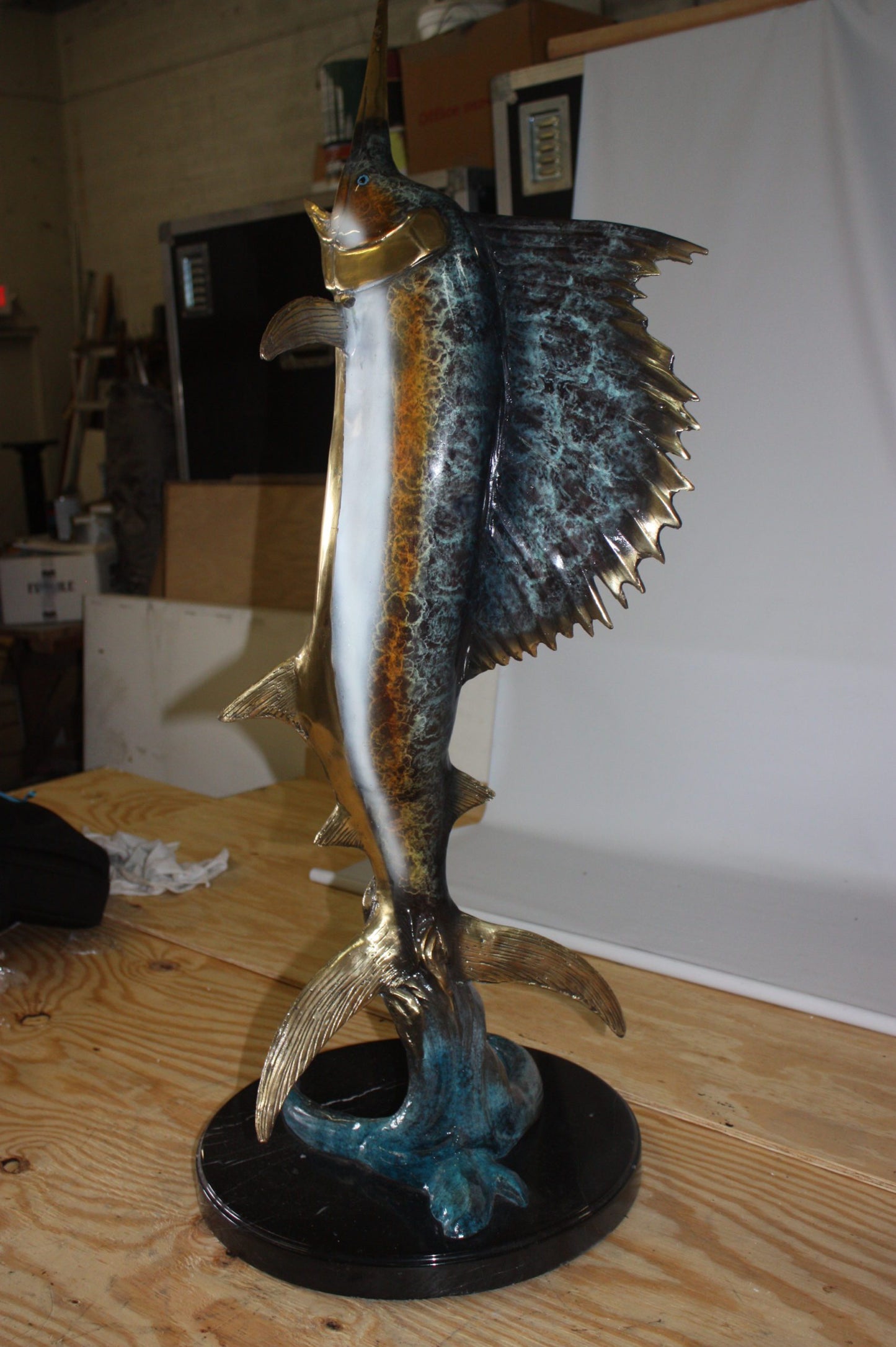 One sailfish on a marble - Bronze Statue - Size: 17"L x 17"W x 46"H.
