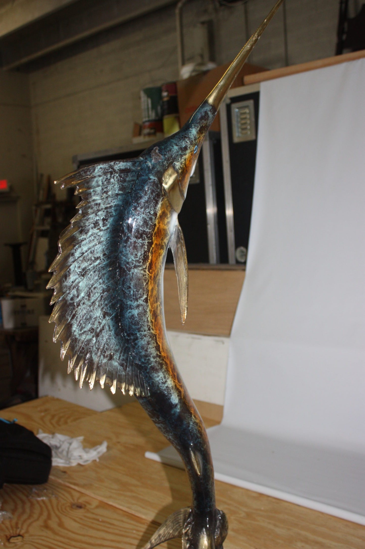 One sailfish on a marble - Bronze Statue - Size: 17"L x 17"W x 46"H.