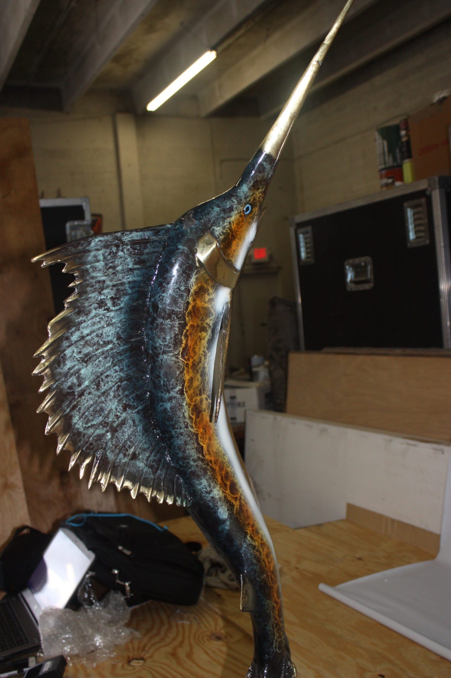 One sailfish on a marble - Bronze Statue - Size: 17"L x 17"W x 46"H.