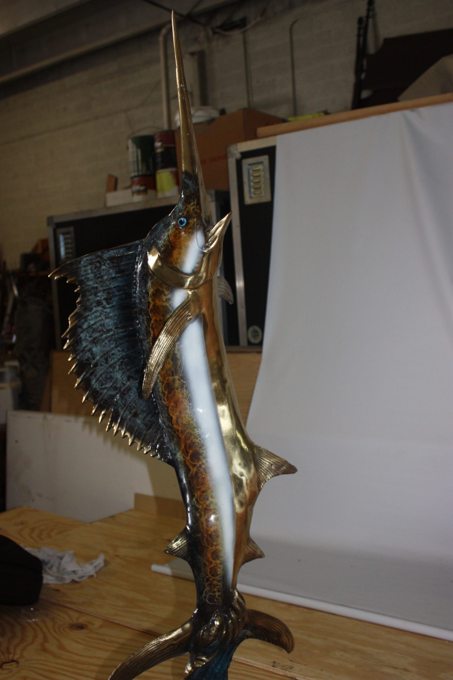 One sailfish on a marble - Bronze Statue - Size: 17"L x 17"W x 46"H.