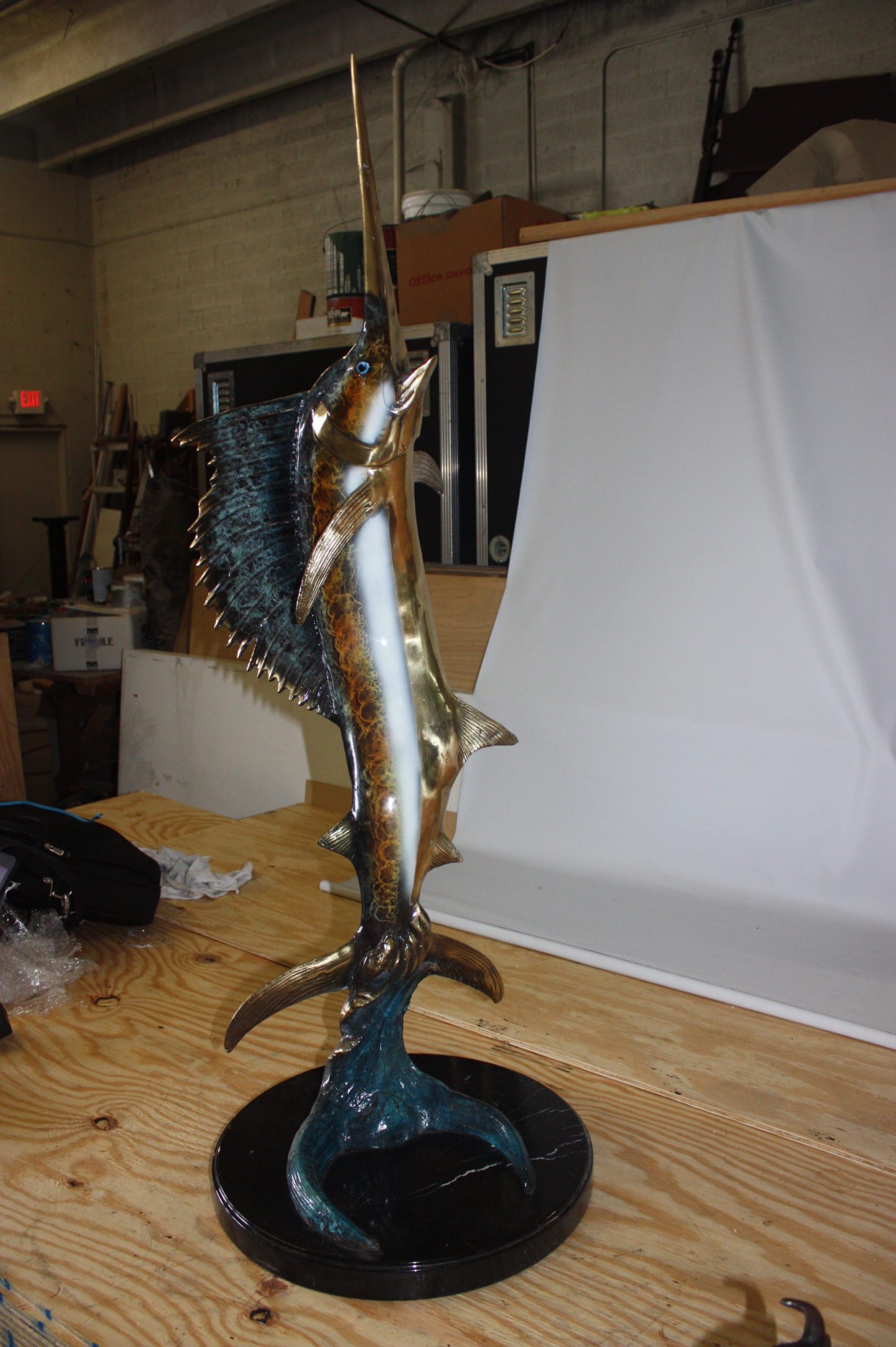 One sailfish on a marble - Bronze Statue - Size: 17"L x 17"W x 46"H.