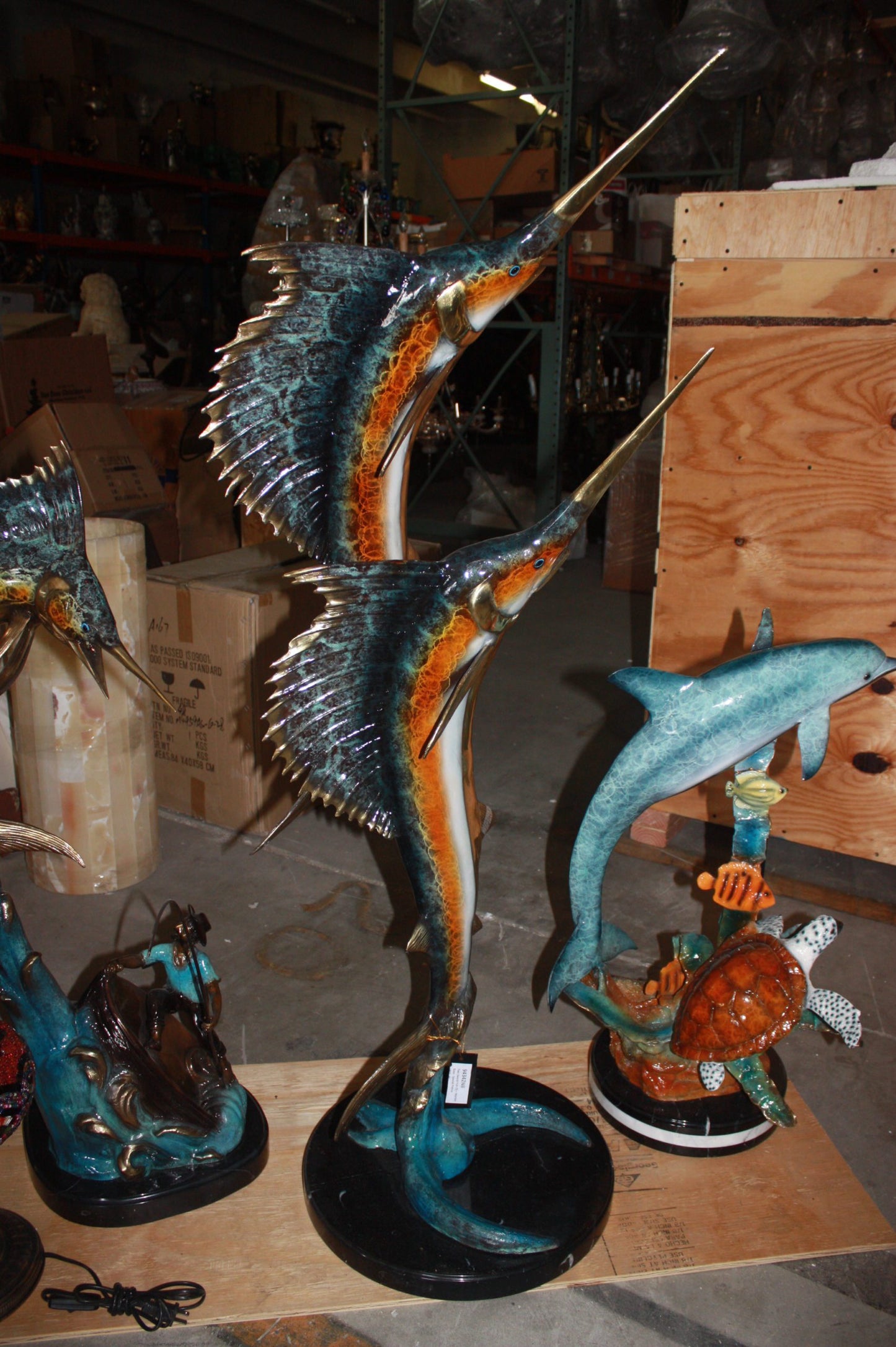 Two Sail fish Bronze Statue on a marble base - Size: 17"L x 17"W x 56"H.