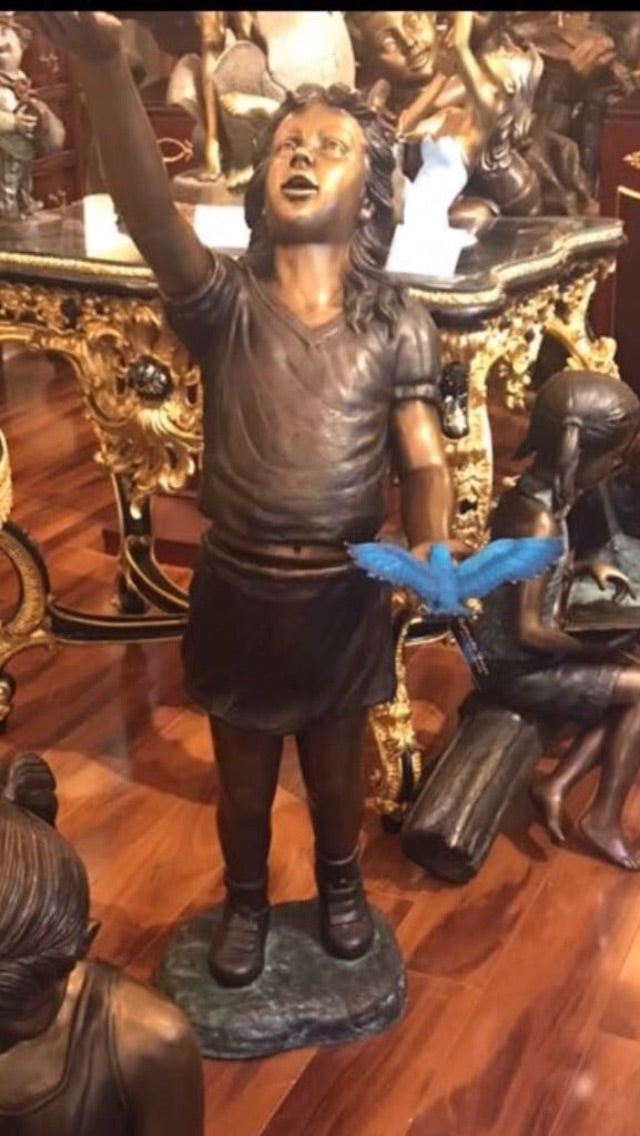 Girl - sandy, with two birds Bronze Statue - Size: 25"L x 20"W x 42"H.