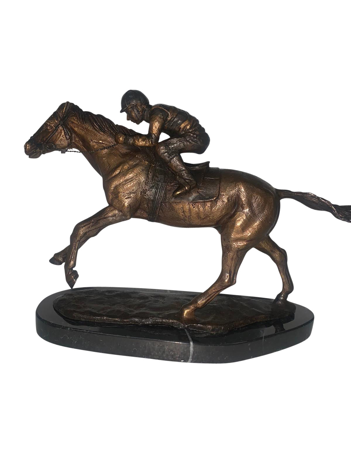 Jockey on horse two tones Bronze Statue -  Size: 11"L x 4"W x 8"H.