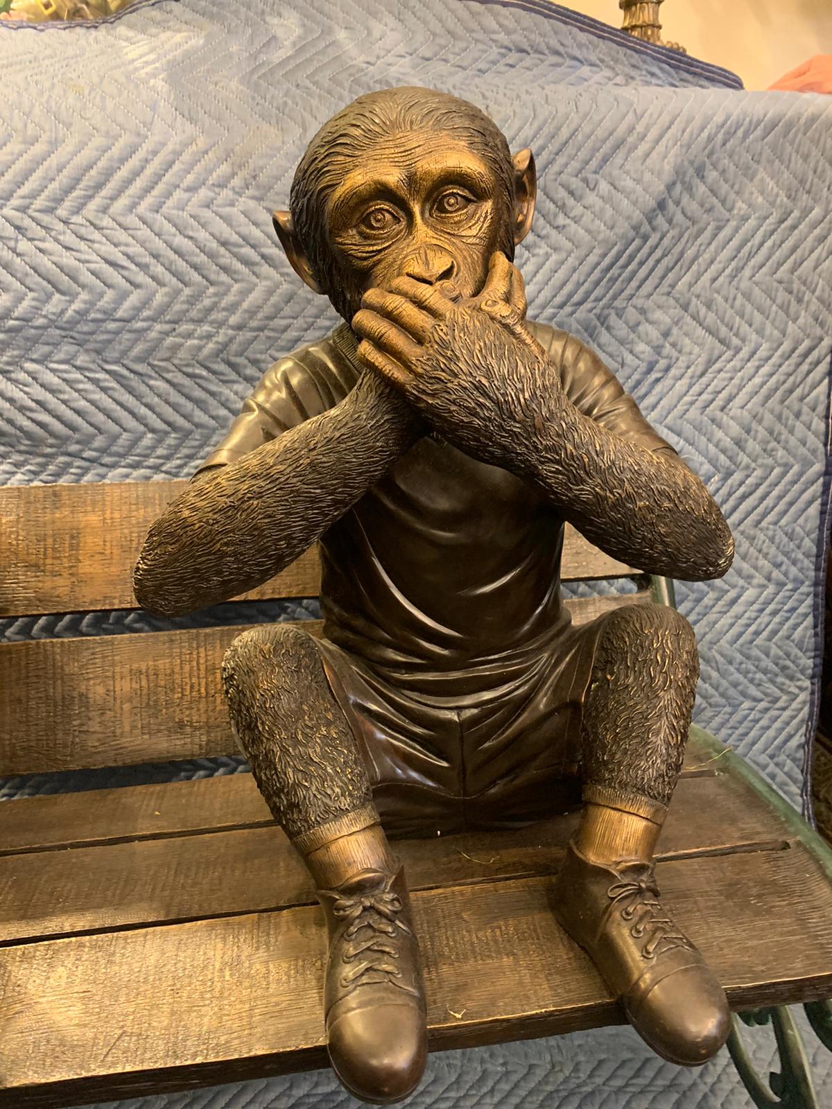 Three wise monkeys on bench large bronze statue bronze - Size: 52" x 32" x 36"H