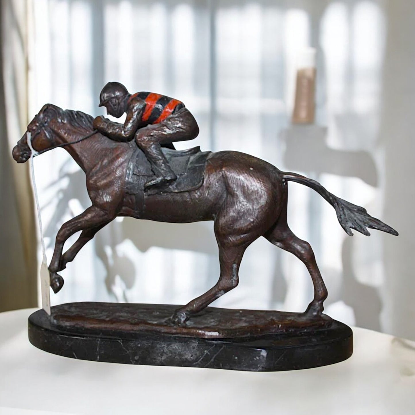 Jockey With Horse Jumping Over Hurdle Bronze Statue - Size: 14"L x 9"W x 13"H.