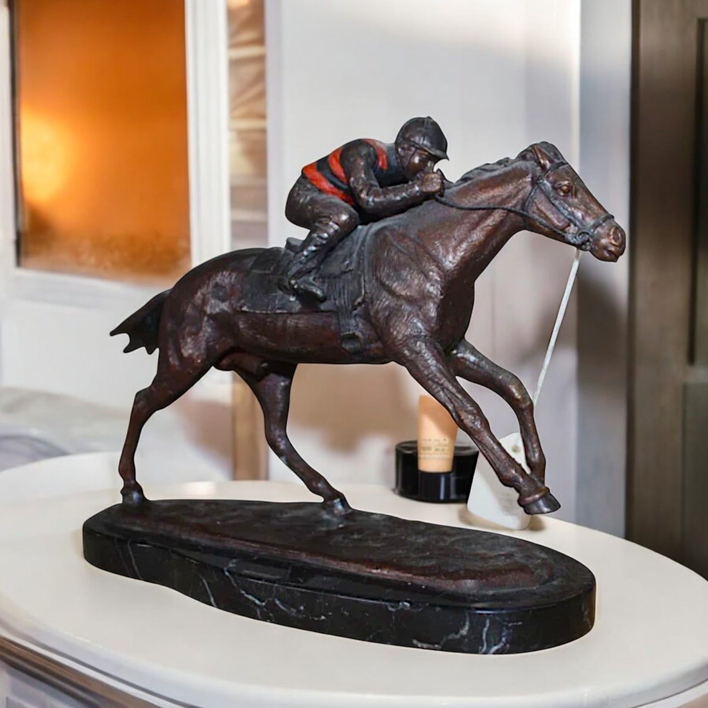 Jockey With Horse Jumping Over Hurdle Bronze Statue - Size: 14"L x 9"W x 13"H.
