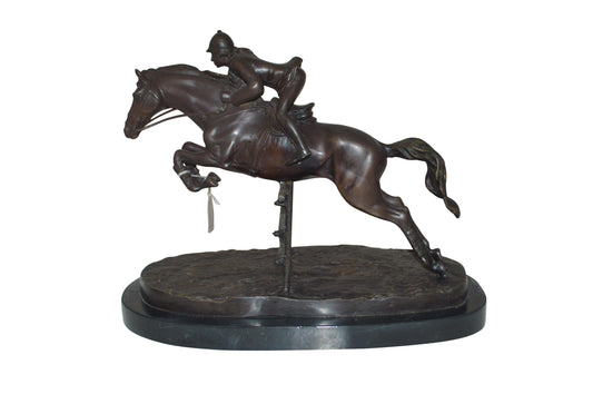 Jockey With Horse Jumping Over Hurdle Bronze Statue -  Size: 14"L x 9"W x 13"H.