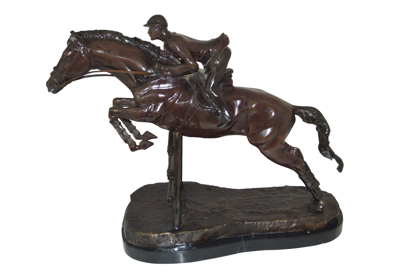 Jockey With Horse Jumping Over Hurdle Bronze Statue Medium 23"L x 10"W x 16"H.