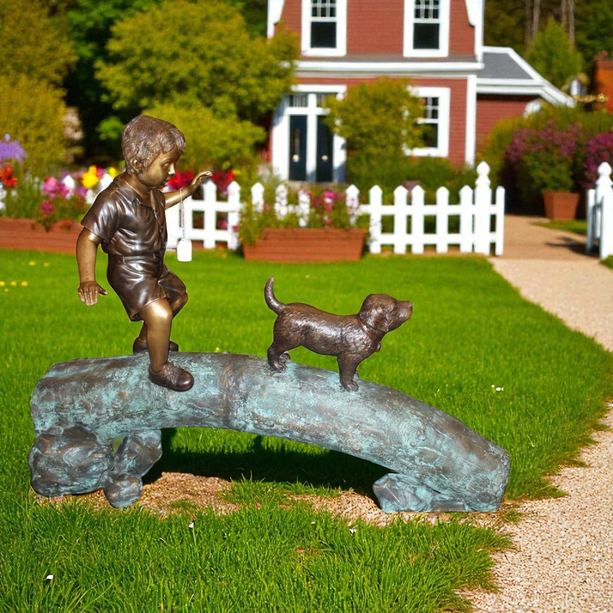 Kid with dog walking on a log Bronze Statue -  Size: 57"L x 18"W x 41"H.