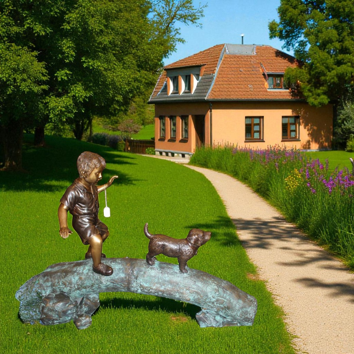 Kid with dog walking on a log Bronze Statue -  Size: 57"L x 18"W x 41"H.
