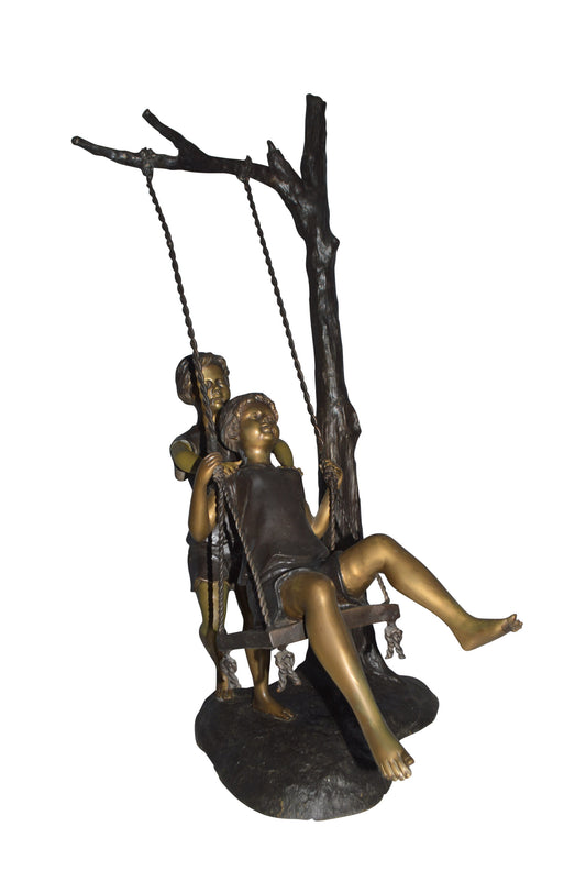 Kids Playing on a Swing bronze Statue -  Size: 22"L x 25"W x 43"H.