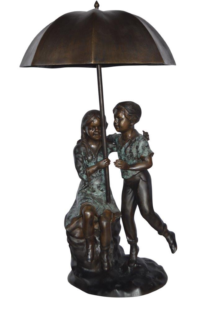 Kids Playing under Umbrella Bronze Fountain -  Size: 20"L x 20"W x 37"H.