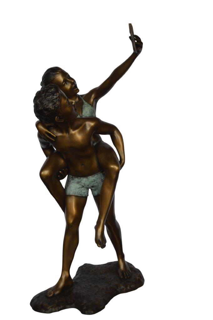 Kids Taking a Selfie W a Smartphone Bronze Statue - Size: 23"L x 20"W x 43"H.