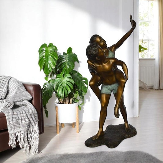 Kids Taking a Selfie W a Smartphone Bronze Statue -  Size: 23"L x 20"W x 43"H.