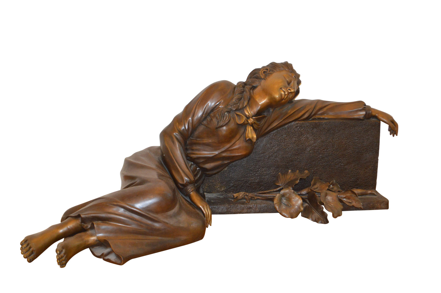 Lady With Flowers on Tombstone Bronze Statue - Size: 62"L x 32"W x 24"H.