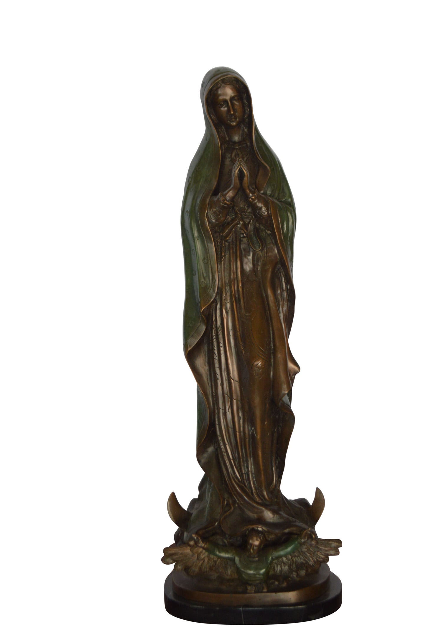 Lady of Guadalupe Bronze Statue on a Marble Base - Size: 10"L x 6"W x 31"H.