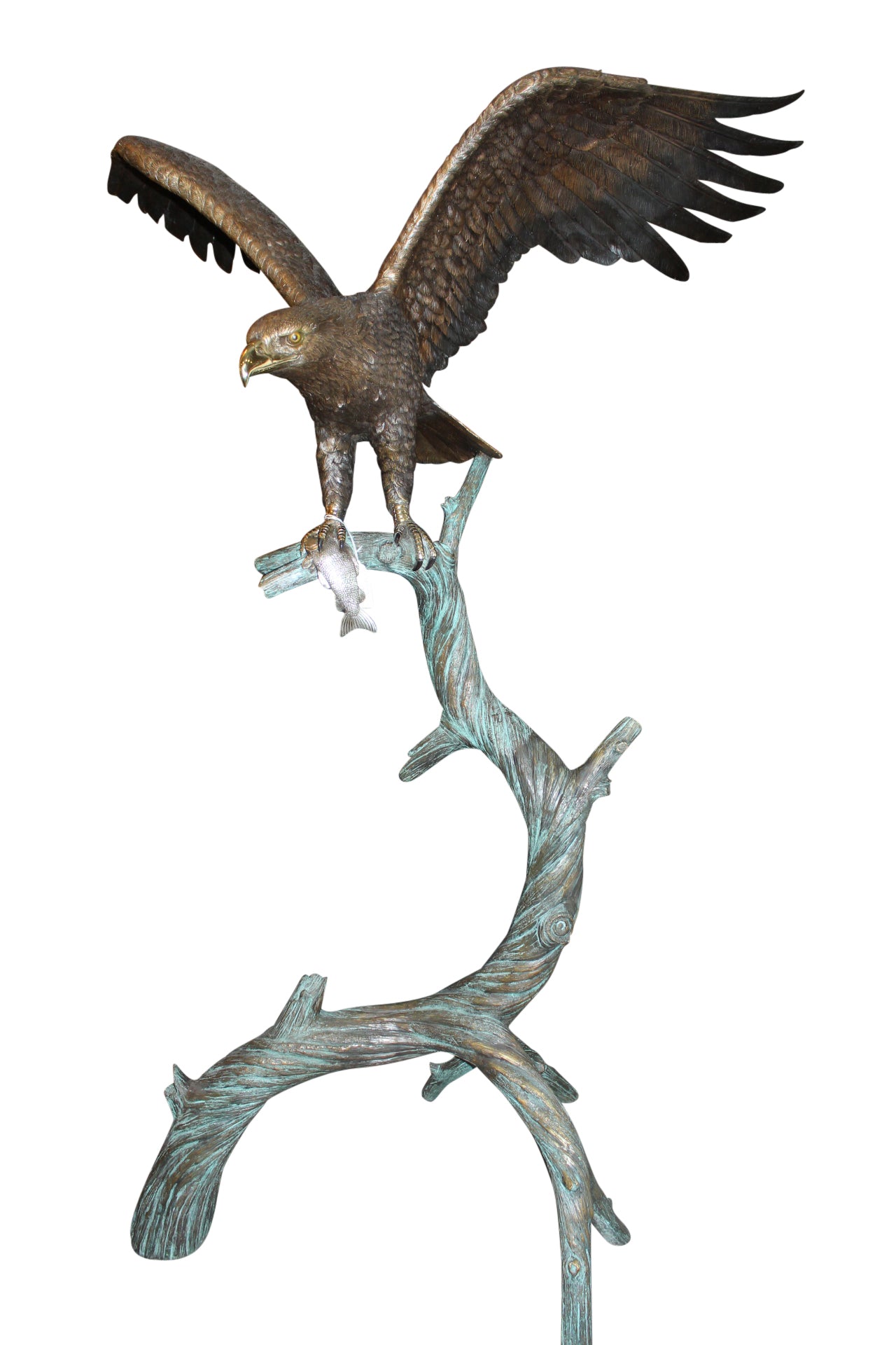 Large Eagle standing on tree with his fish prey Bronze Statue - 60"x 40"x 75"H