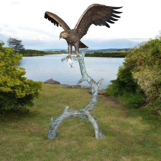 Large Eagle standing on tree with his fish prey Bronze Statue -  60"x 40"x 75"H