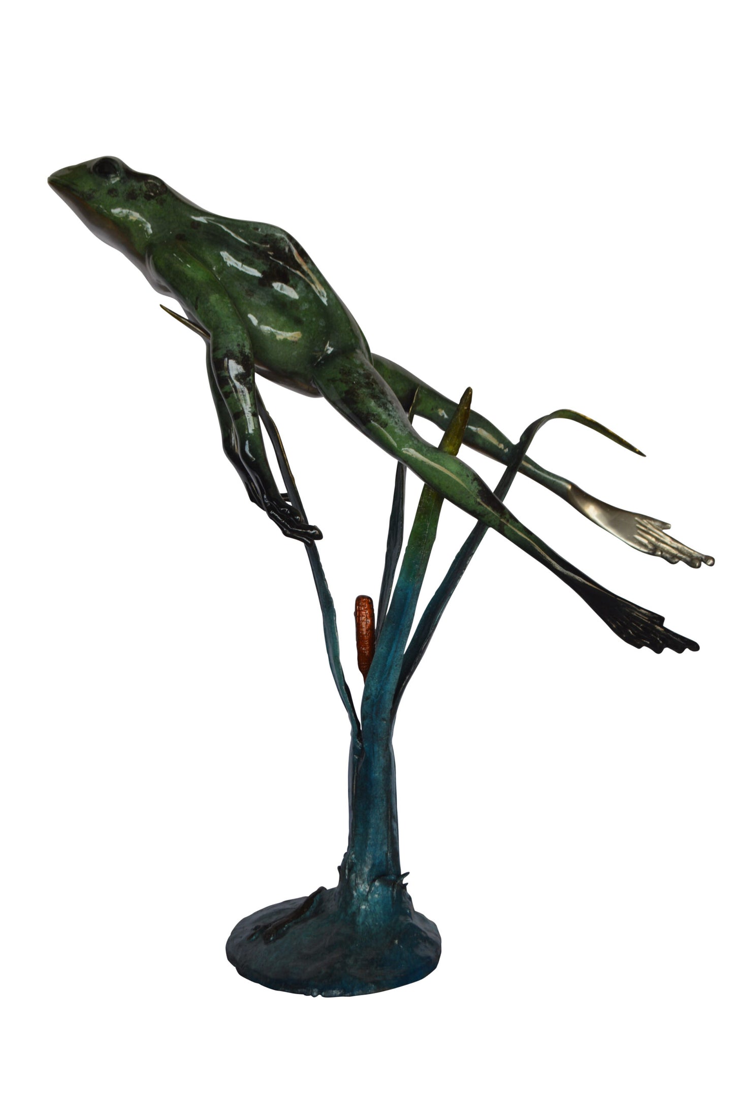 Large Frog Jumping Up Bronze Statue on a Marble - Size: 30"L x 14"W x 34"H.