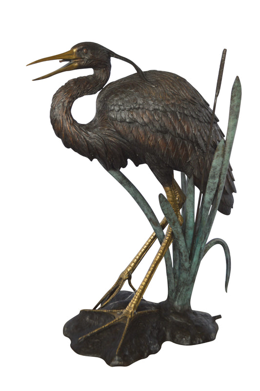 Large Heron Fountain Bronze Statue -  Size: 40"L x 24"W x 48"H.
