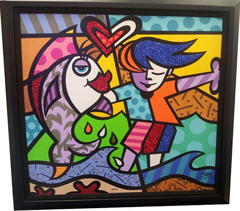Boy and a Fish, limited edition giclee on canvas, signed by Jozza, 32x32 framed.