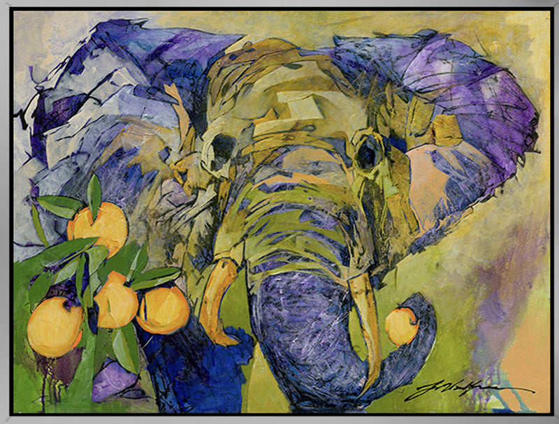 Elephant and Oranges , limited edition giclee by Yuval Wolfson , 30x24 framed