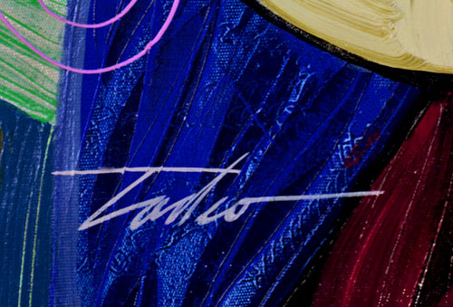 Saphir, colorful piece by Tadeo, 24 x 18 signed, un-stretched and un-framed.