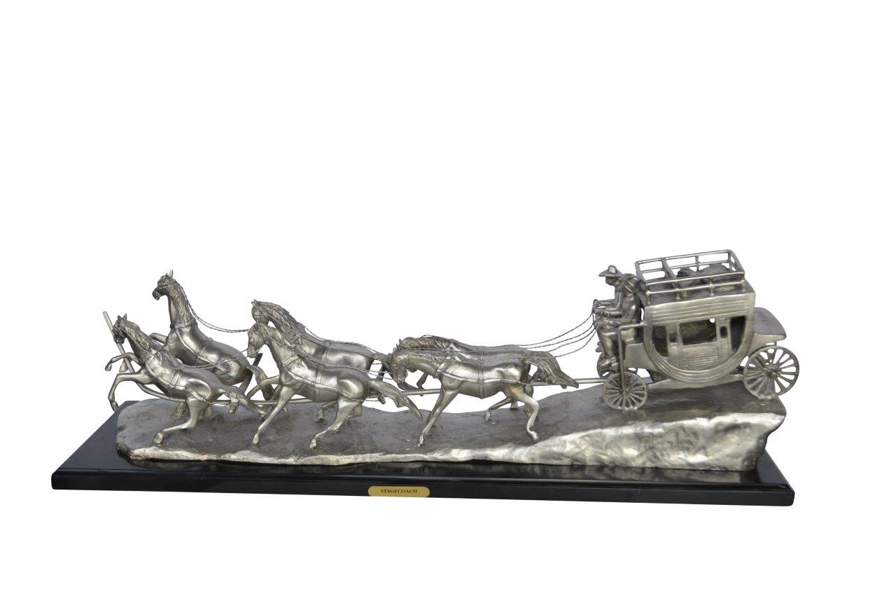 M Russell, Silver Stagecoach Replica Bronze Statue - Size: 38"L x 10"W x 12"H.