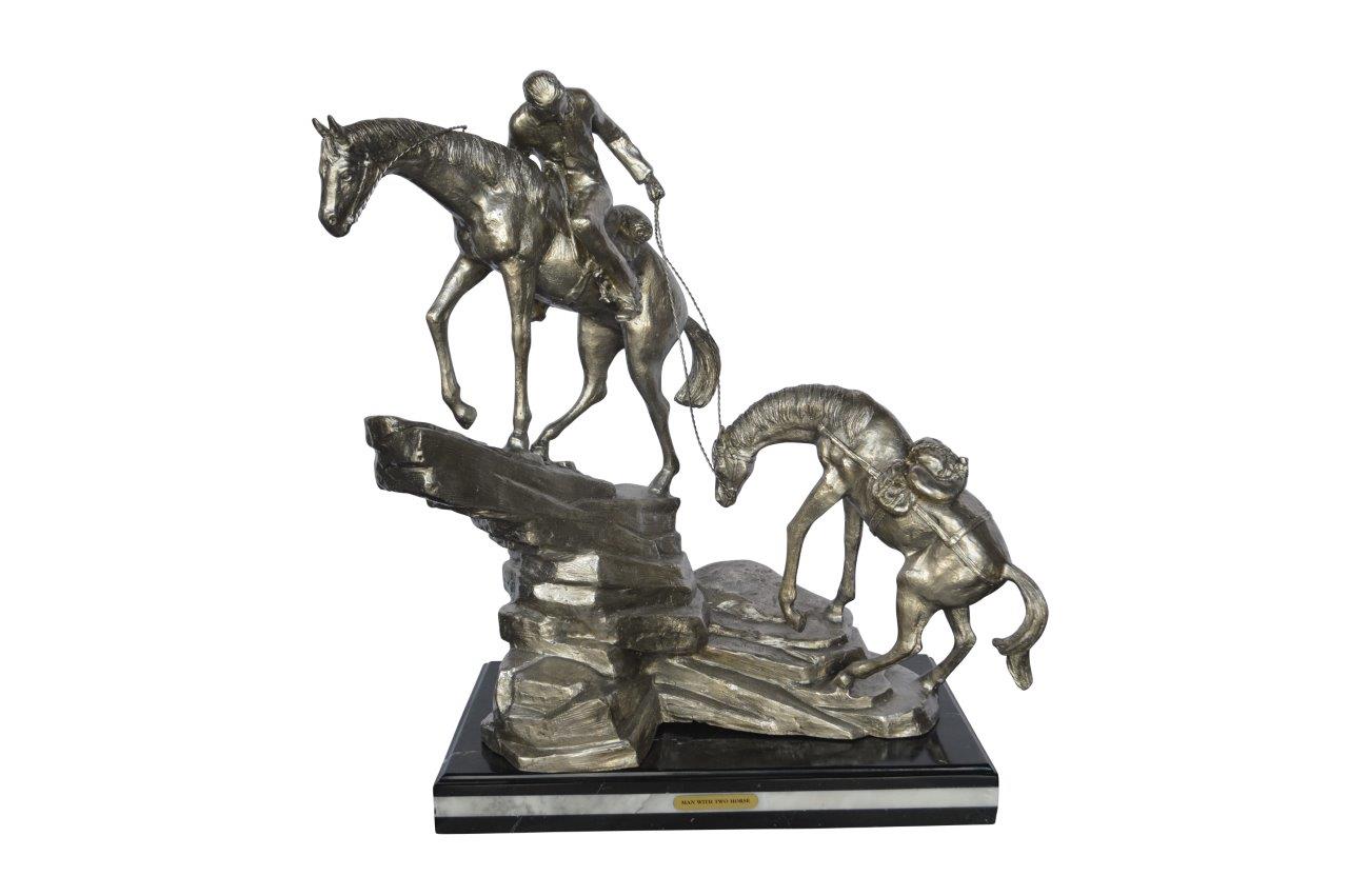 Man with two horses silver finish Bronze Statue - Size: 25"L x 13"W x 26"H.