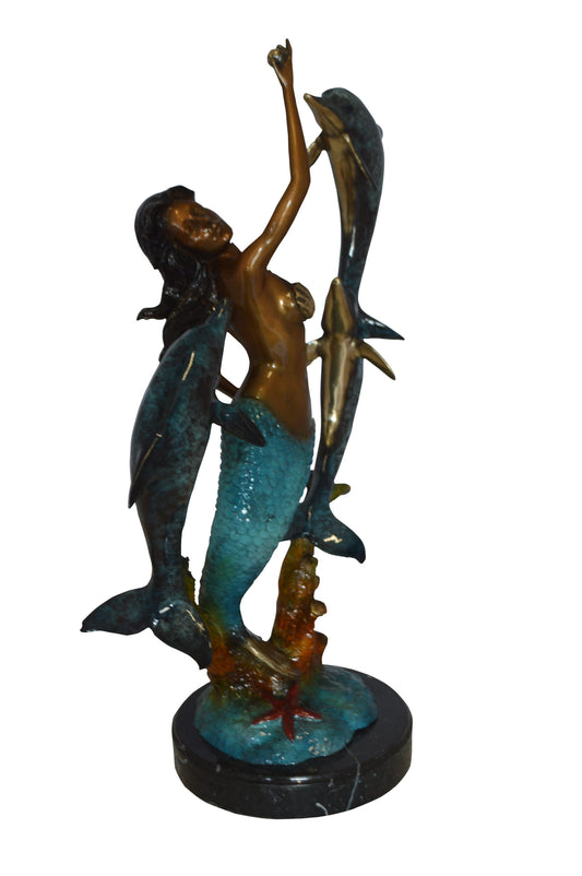 Mermaid With Three Dolphins Bronze Statue - Size: 15"L x 8"W x 25"H.