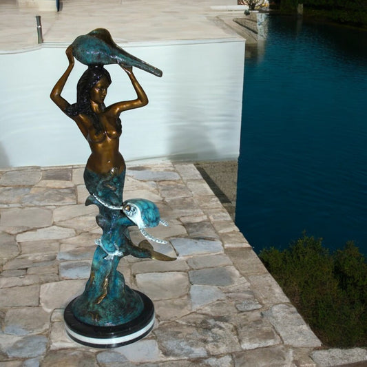 Nifao Mermaid with Two Turtles Bronze Fountain Statue – Handcrafted Polychrome Bronze Sculpture with Conch Shell, Functional Water Feature for Garden, Patio, or Estate Decor – 14" L x 24" W x 43" H