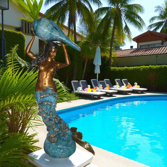 Mermaid holding a shell - large Bronze Statue Art Nude 43"L x 30"W x 76"H.