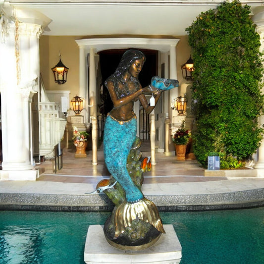 Mermaid holding shell W turtle fish Bronze fountain Art Nude 38" x 24" x 68"H.