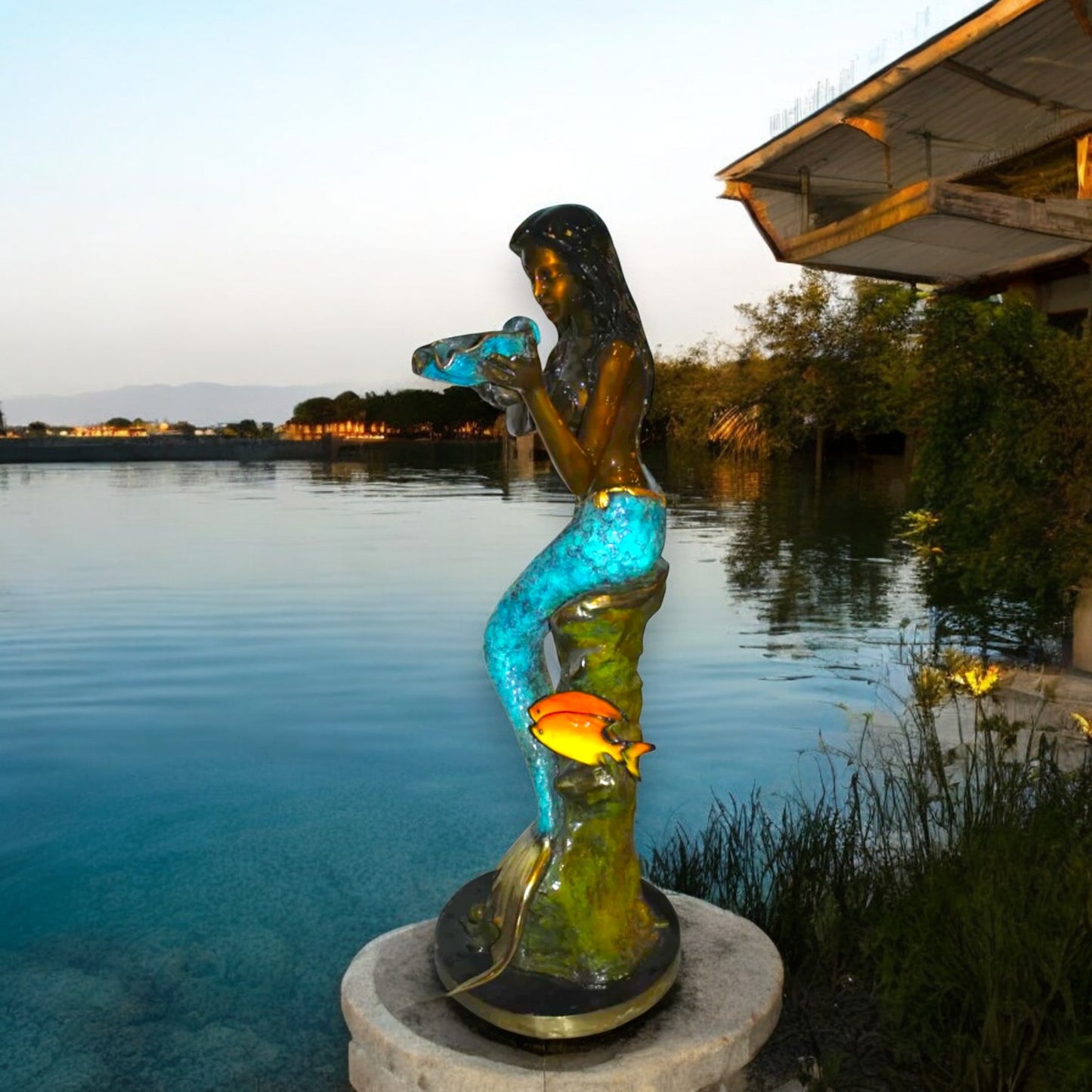 Mermaid holding shell W turtle fish Bronze fountain Art Nude 38" x 24" x 68"H.