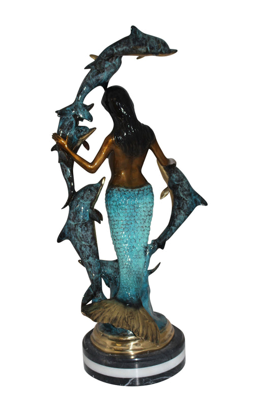Mermaid w 7 Dolphins Bronze Statue - Size: 12"L x 12"W x 29"H.