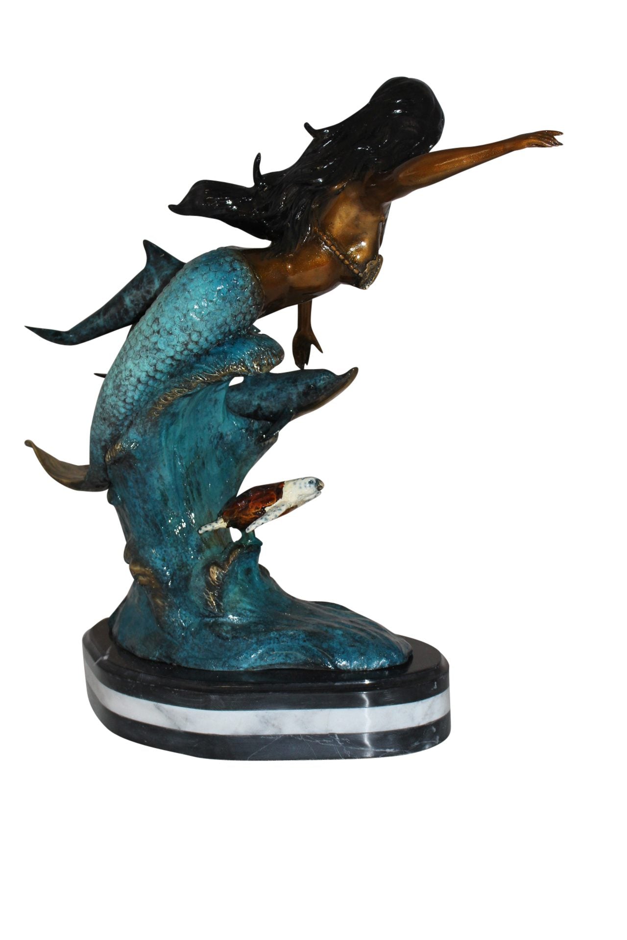 Mermaid w Dolphin and turtle Bronze Statue - Size: 19"L x 9"W x 22"H.